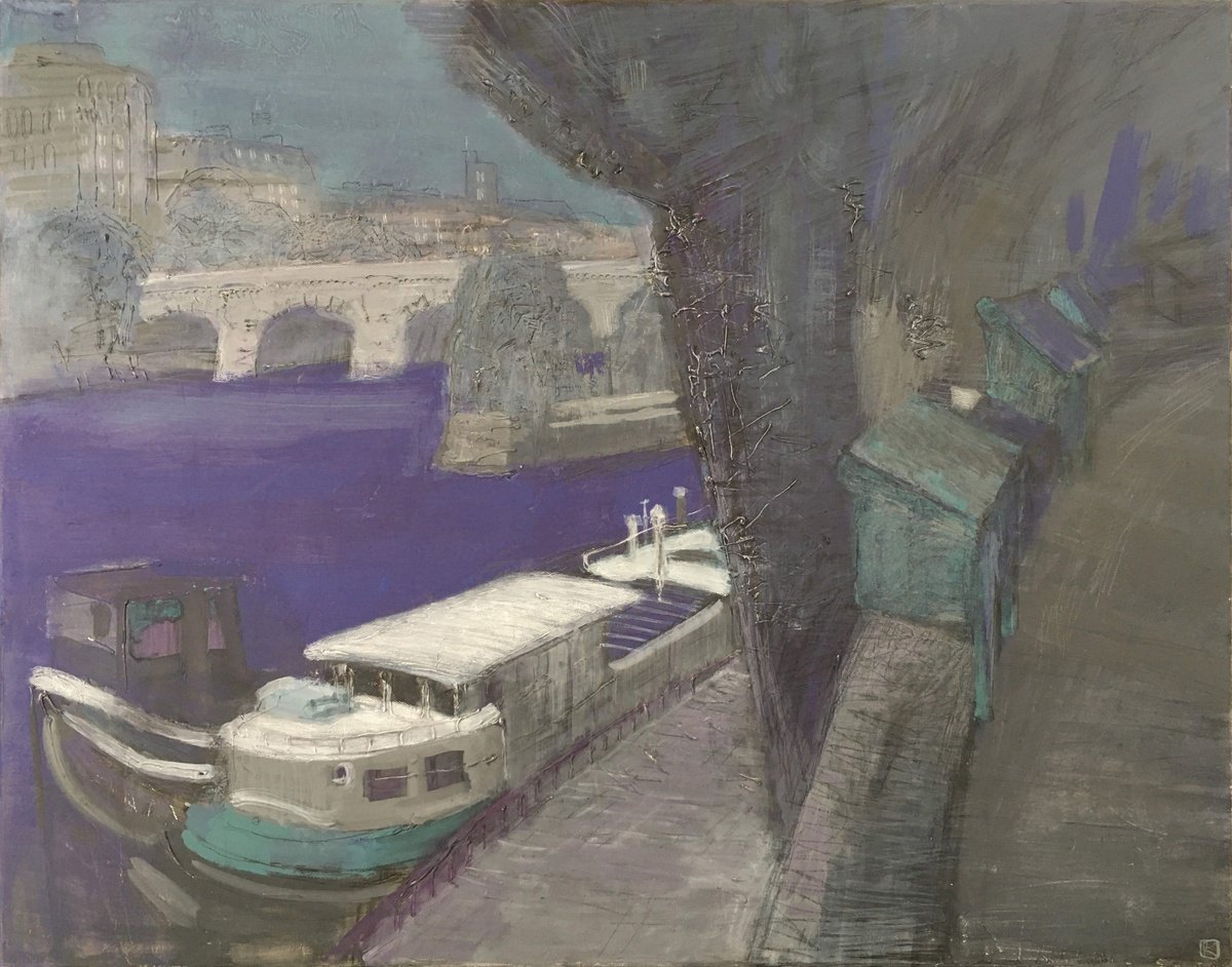 Impressionistic Cityscapes Acrylic Painting By Olga Kataeva-Rochford, 31 X 24", Booksellers In Paris, Original Artwork