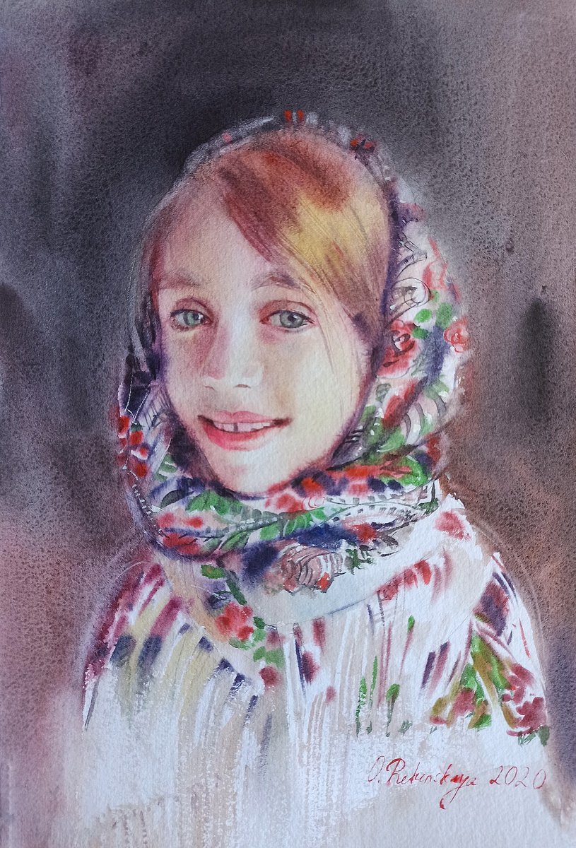 Photorealistic Portrait Watercolour By Olha Retunska, 11 X 16", Maya In A Scarf, Original Artwork