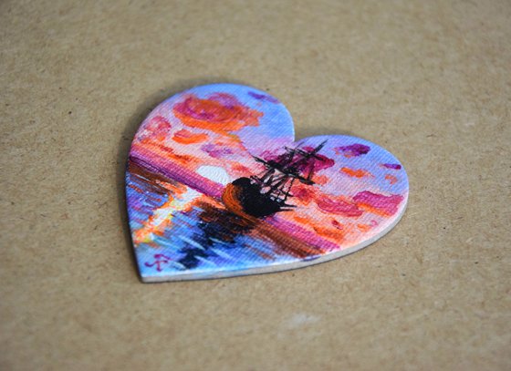 Ship painting, heart decor, fridge magnet, sunset seascape painting, romantic gift