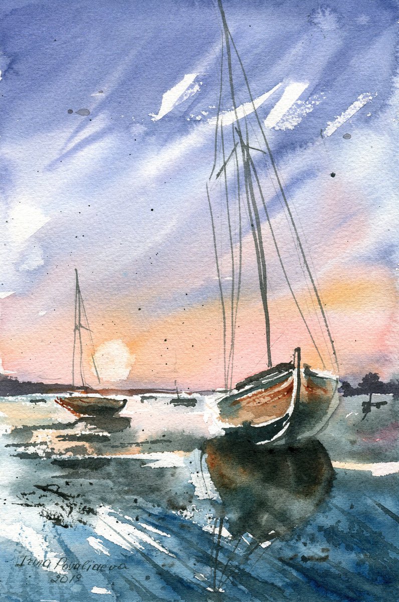 Sailing boats small watercolor art work with sunset, gift idea by Irina Povaliaeva