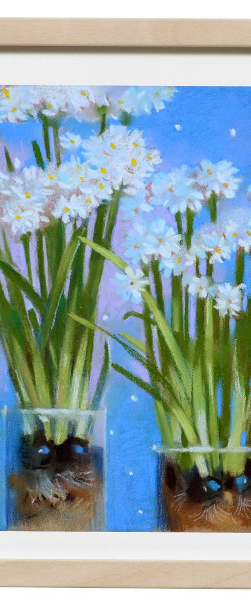 white flowers on a blue background by Alexandra Sergeeva