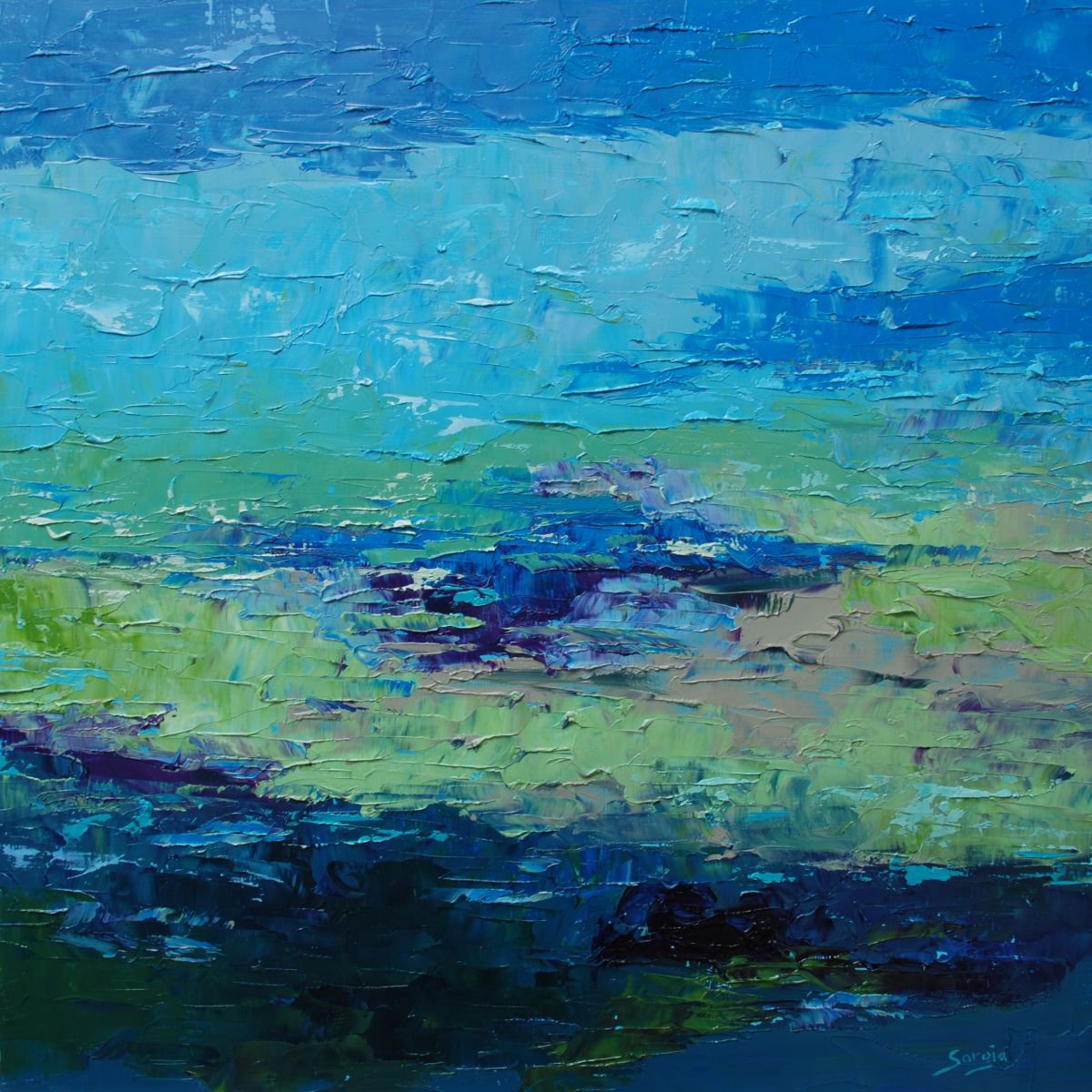 Abstract Landscape Oil Painting By Saroja Van Der Stegen, 17 X 17", Blue Day (Ref#:1260-40Q), Original Artwork