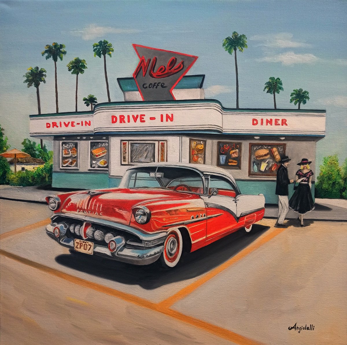 Photorealistic Landscape Oil Painting By Anna Rita Angiolelli, 20 X 20, American Graffiti, Original Artwork