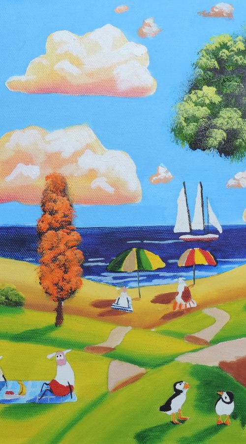 Seaside Folk art naive oil painting with cow and sheep by Gordon Bruce