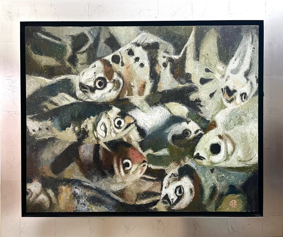 Impressionistic Animal Oil Painting By Andres Portillo, 40 X 48, Koi Seascape, Original Artwork