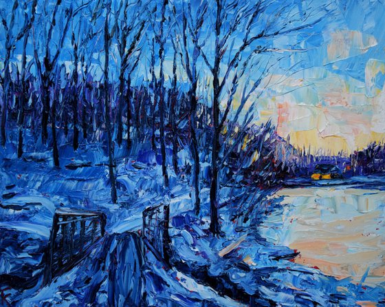 Christmas original oil painting on canvas, Winter twilight forest, snowy landscape, cozy hygge gift