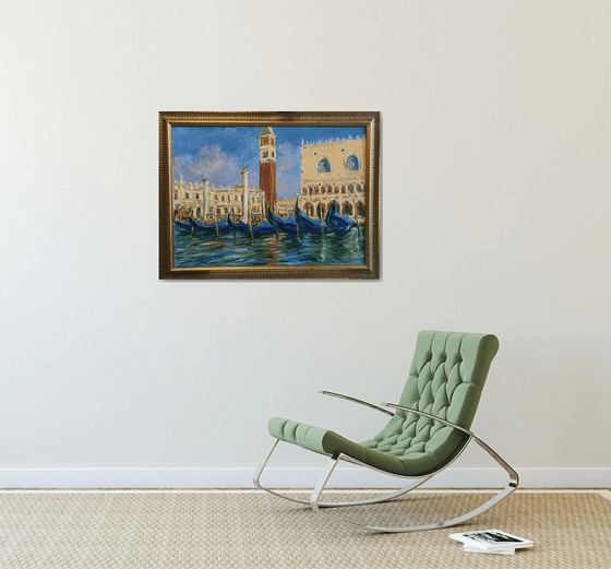 GONDOLAS NEAR PIAZZA SAN MARCO -  original oil painting, cityscape, landscape, home decor, gift idea, living room decor, water, Venice, Italy, vacations, gift 58x79