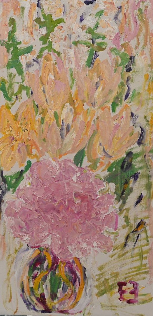 Impressionistic Botanical Oil Painting By Elena Zapassky, 12 X 24, Bouquet At A Wedding, Original Artwork