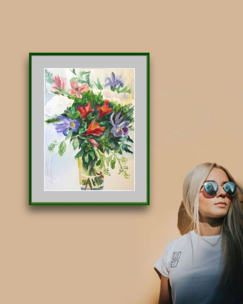 Blue White Red Flowers Watercolor Painting Loose Bunch of Florals by Ion Sheremet