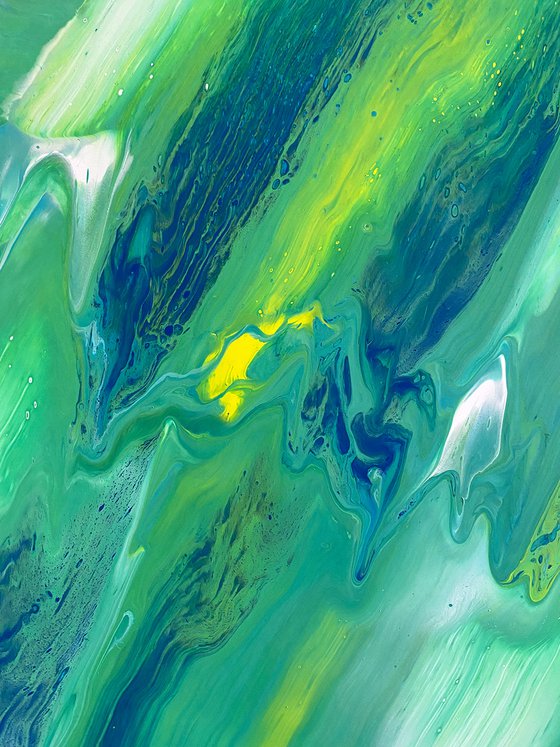 "Is My Reality Running?" - Original Abstract PMS Fluid Acrylic Painting on a Recycled Desk Panel - 23.5 x 14.5 inches