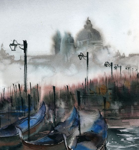 Venice and fog cityscape watercolor painting