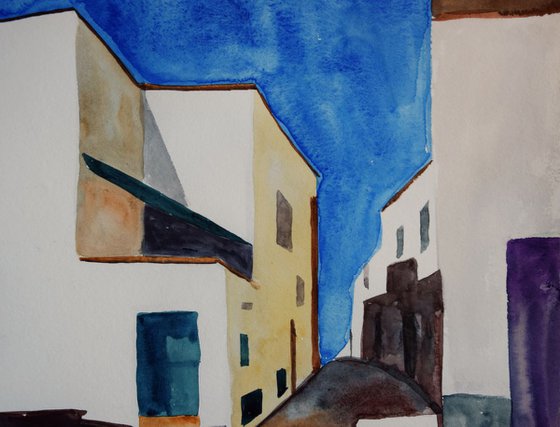 Original watercolor painting Summer sea town in Italy, Marettimo Island