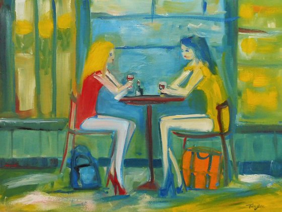 GIRLS PRETTY FASHION MODELS, RED WINE, RESTAURANT, Red Yellow Dresses. Original Female Figurative Oil Painting. Varnished.
