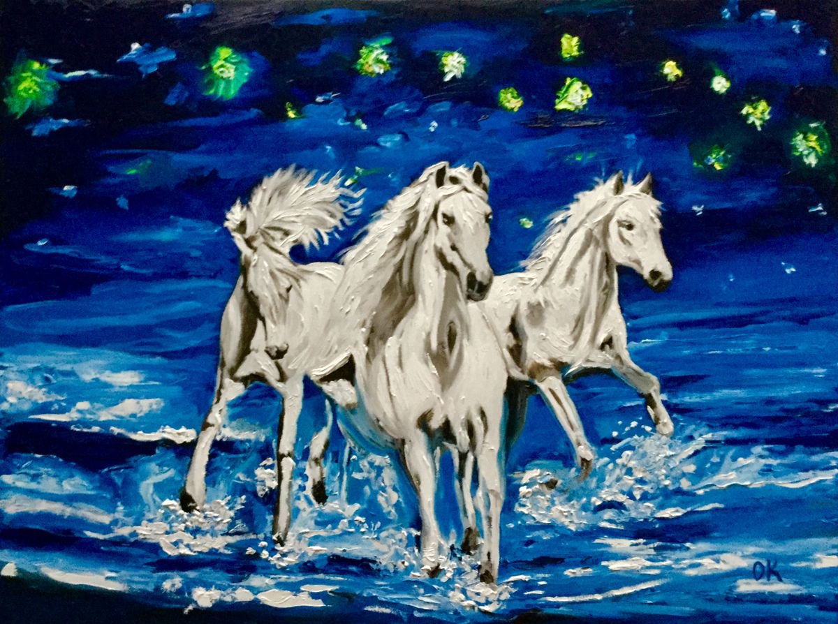 White horses running on the waves. by Olga Koval