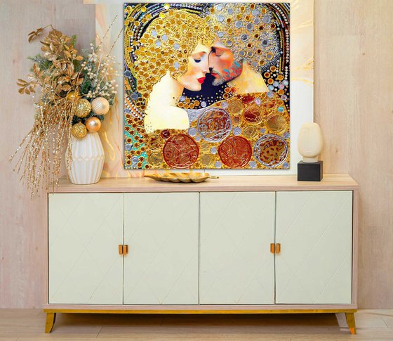 Love original painting. Golden decorative artwork with gold leaf. Gift for woman \ wife