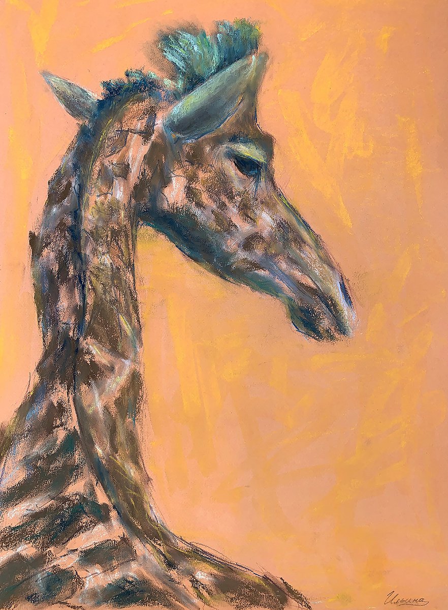 GIRAFFE- Soft pastel drawing on paper, animal, orange, brown, africa, bright, GIFT, animal... by Tatsiana Ilyina