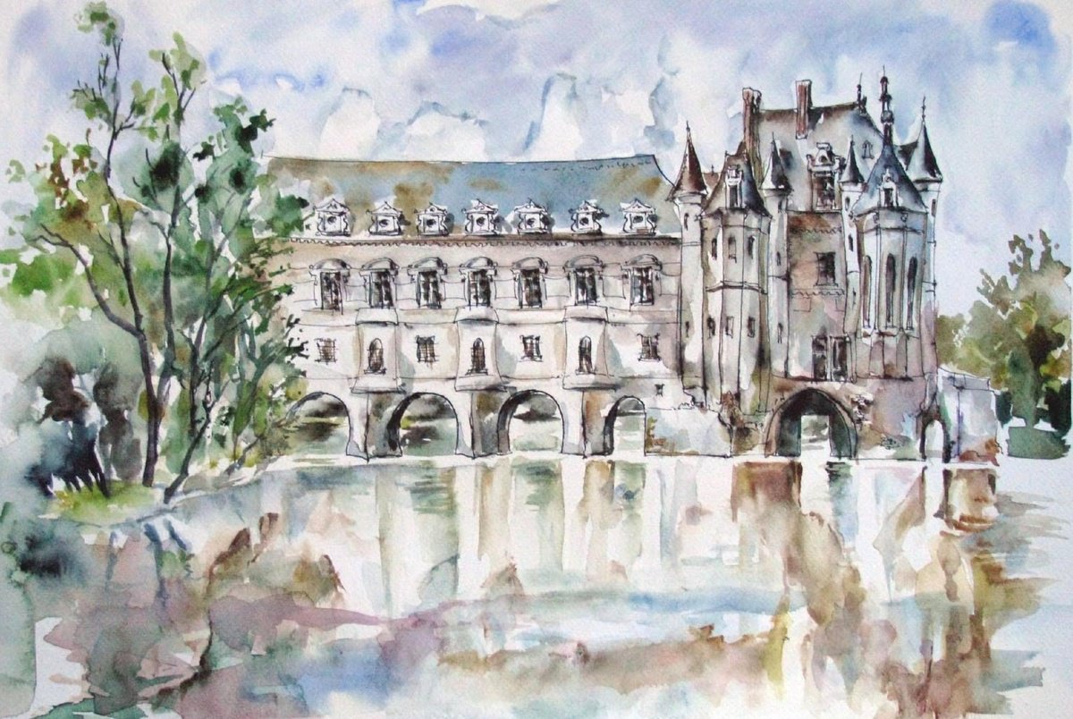 Impressionistic Cityscapes Watercolour By Szekelyhidi Zsolt, 24 X 19", Chateau De Chenonceau, Original Artwork