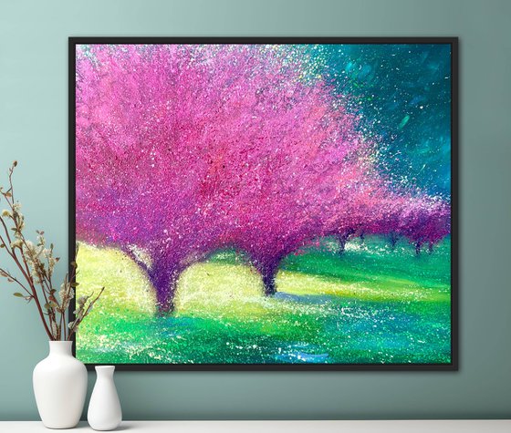 Sakura blossom painting on canvas, spring flower, nature wall art