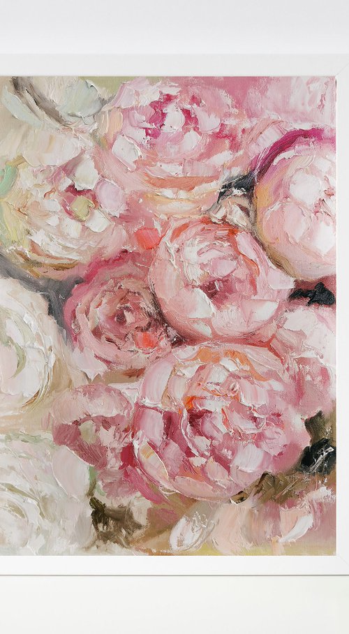 Pink flowers painting, Textural painting on canvas by Annet Loginova
