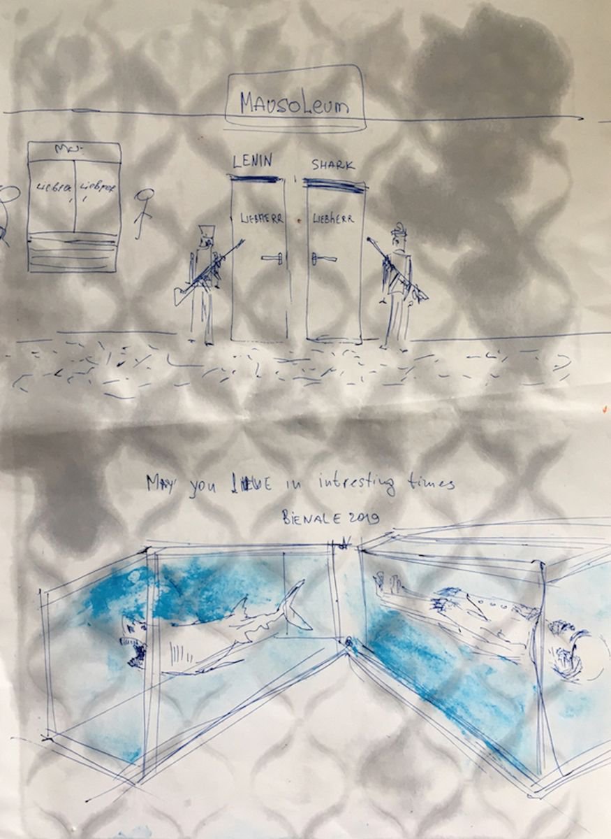 Illustrative Portrait Ink Drawing By Leo Khomich, 12 X 16", Lenin & Shark - Mausoleum, Original Artwork