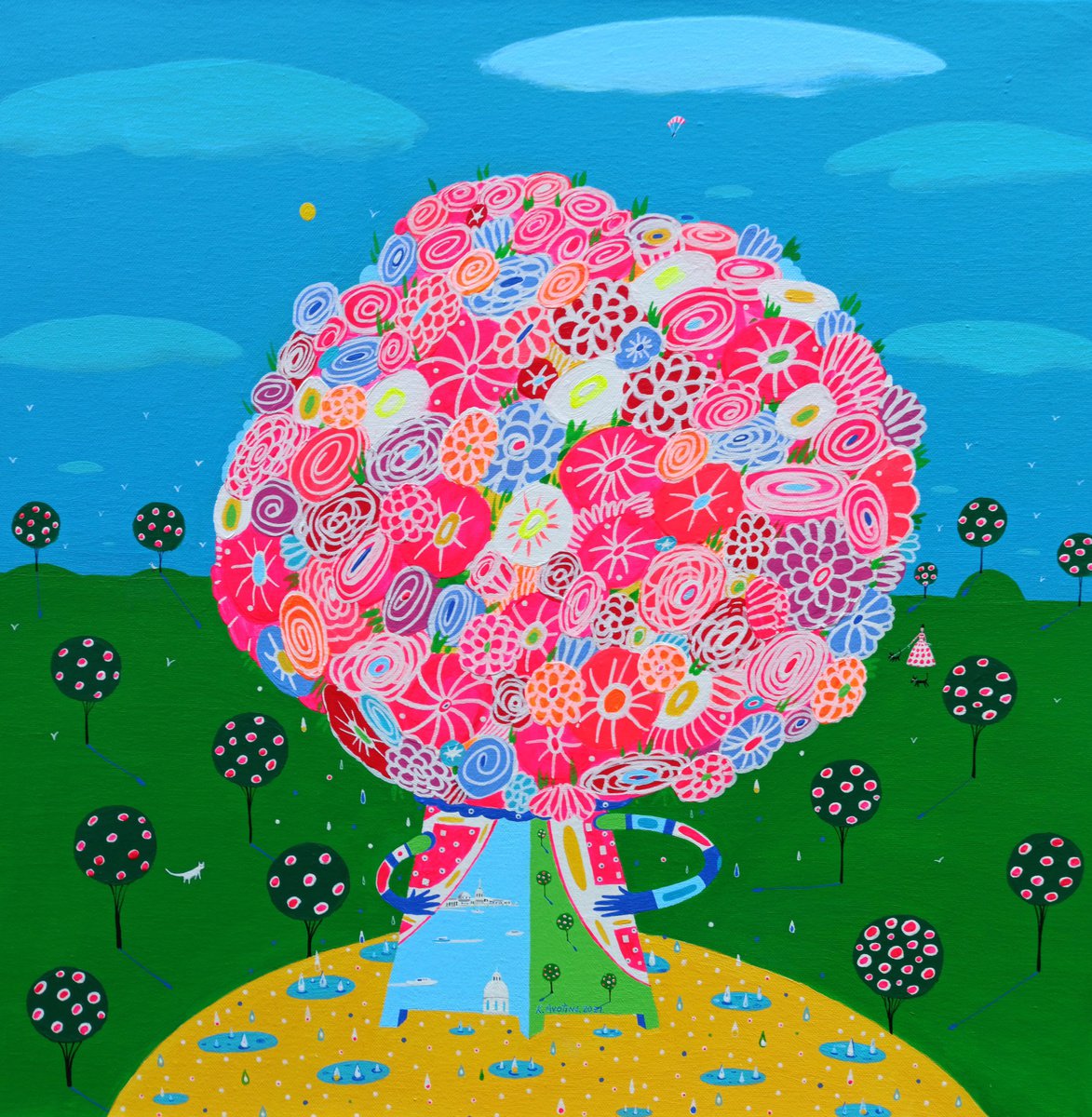 Impressionistic Botanical Acrylic Painting By Katrina Avotina, 24 X 24", Your Majesty, Rise!, Original Artwork