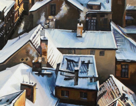 Winter roofs of old Prague
