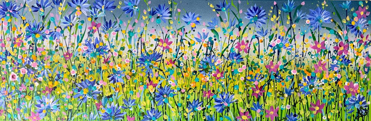 Expressive Botanical Acrylic Painting By Jan Rogers, 36 X 12, Beautiful Flower Garden Ii, Original Artwork