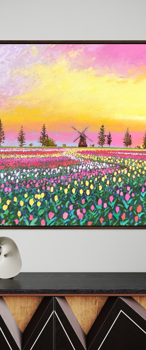 Sunset over tulips field by Volodymyr Smoliak