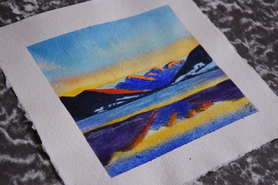 Norwegian watercolor painting on craft paper Sunset fjord, Mountains in Norway