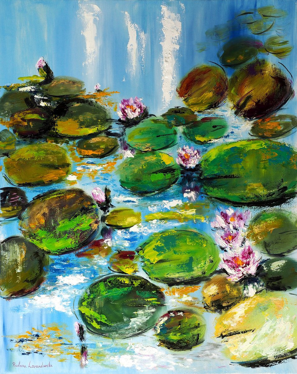 Impressionistic Botanical Oil Painting By Ruslana Levandovska, 24 X 30", Water Lilly Pond, Original Artwork