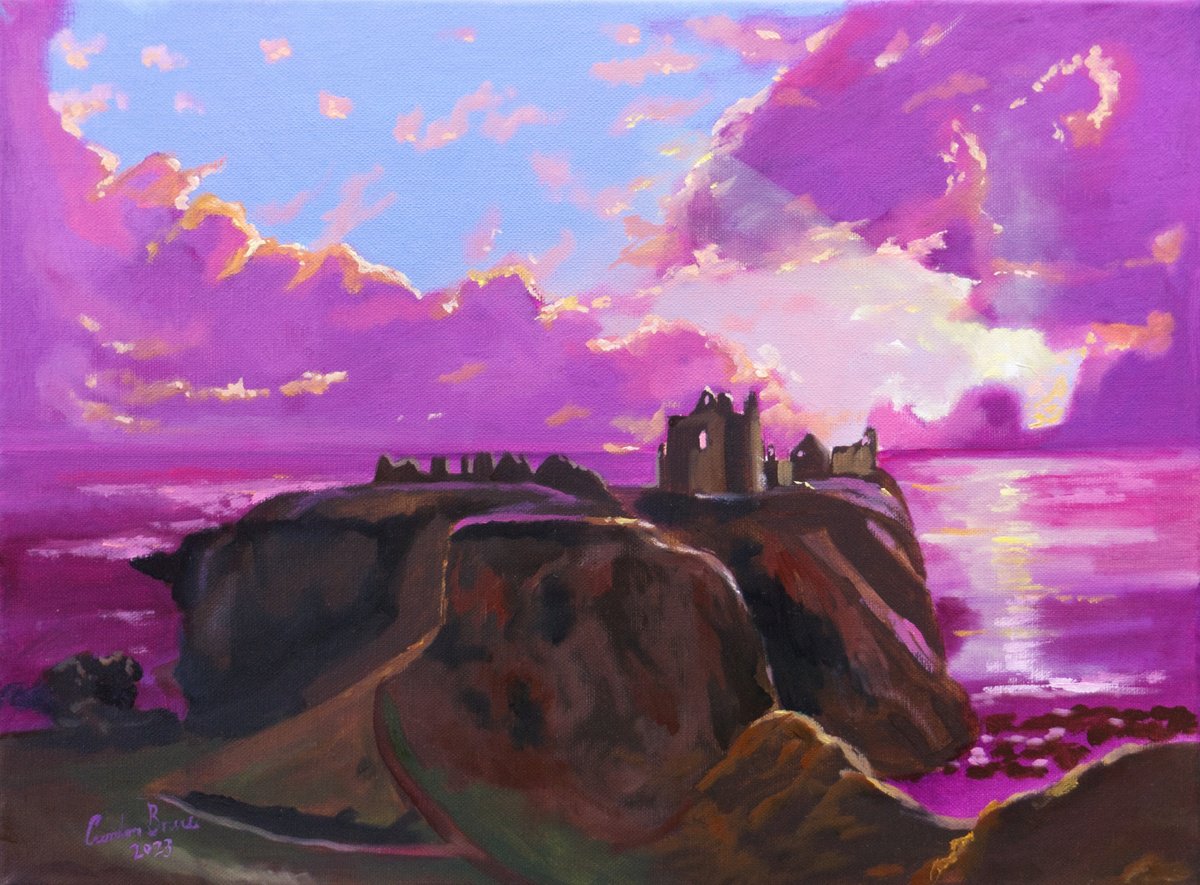 Impressionistic Landscape Oil Painting By Gordon Bruce, 16 X 12, Dunnottar Castle Sunset, Original Artwork