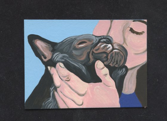 ACEO ATC Original Miniature Painting French Bulldog Pet Dog Human Love Art-Carla Smale