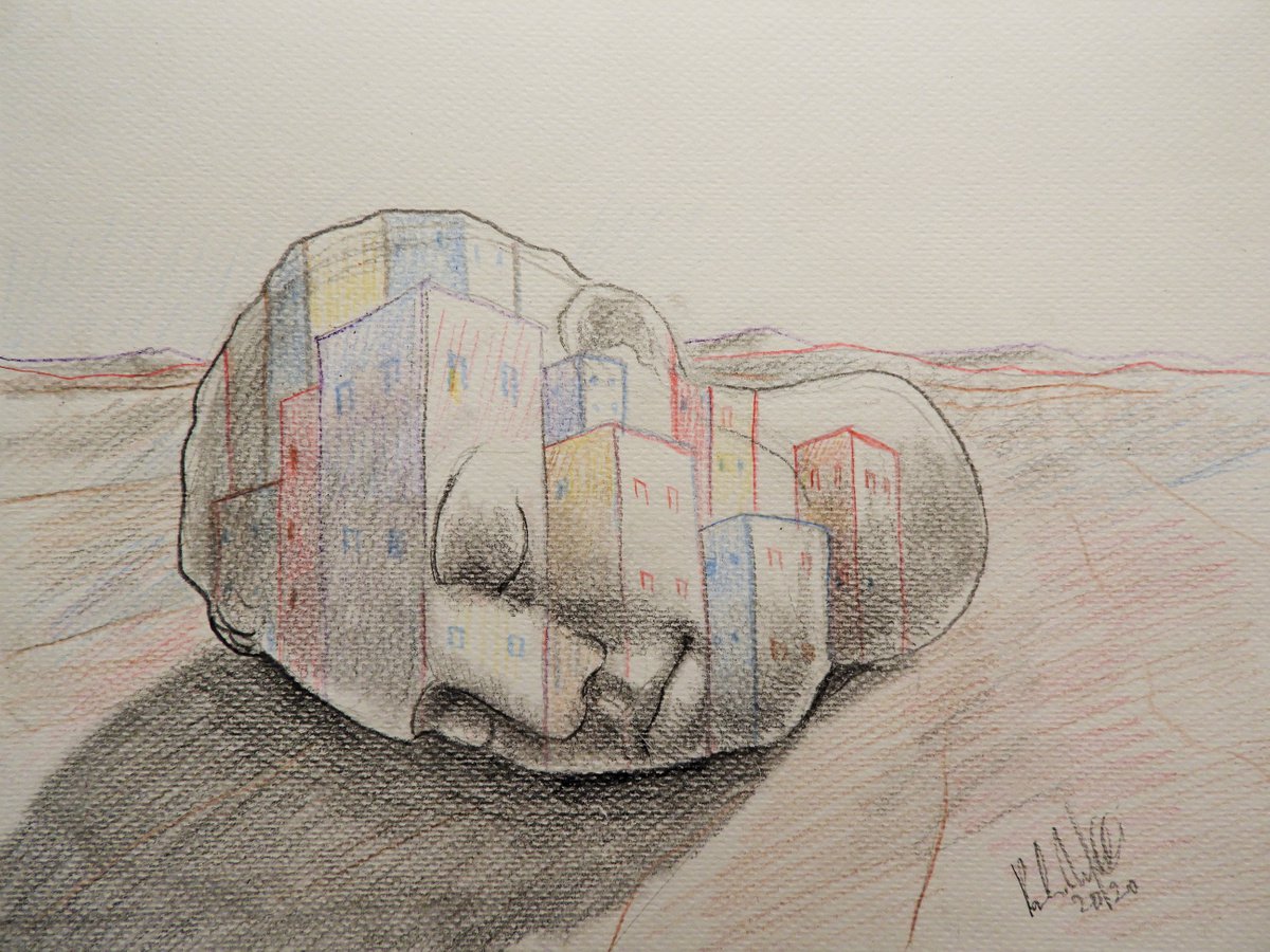 Surrealistic Cityscapes Pencil Drawing By Paolo Beneforti, 9 X 7", Head, Original Artwork