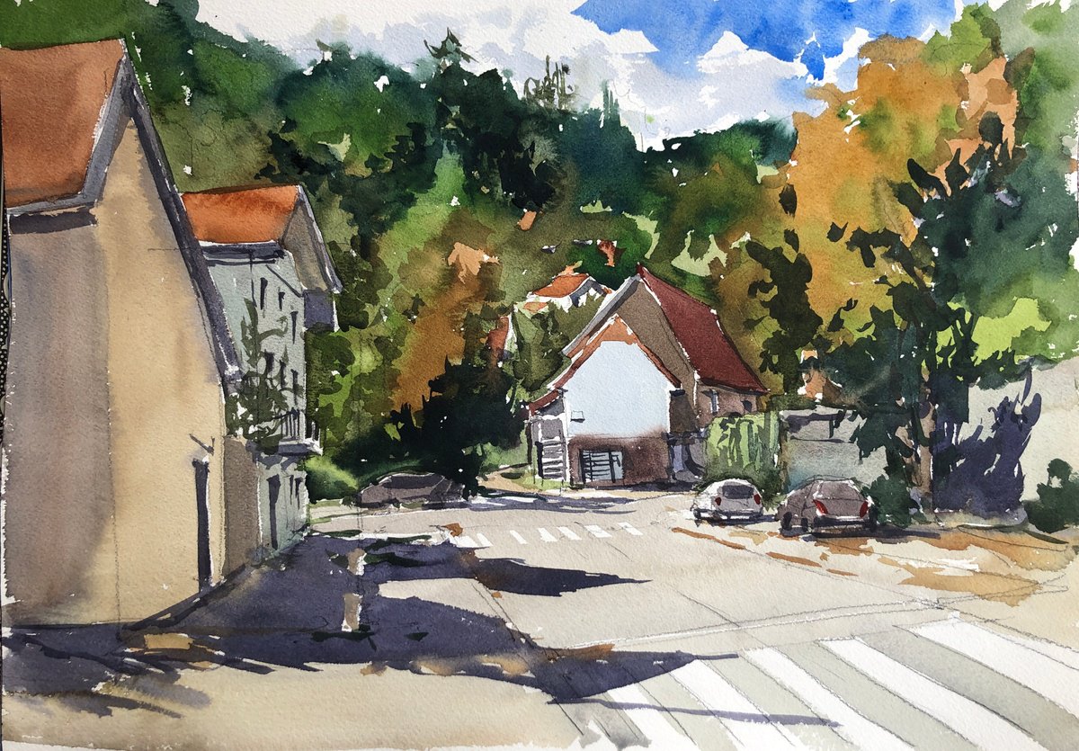 Impressionistic Cityscapes Watercolour By Olga Beloborodova, 22 X 14", Town In Autumn, Original Artwork