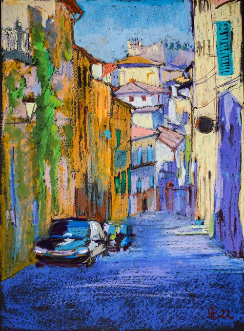 Siena. View of the old town street. Medium oil pastel drawing bright colors Italy by Sasha Romm