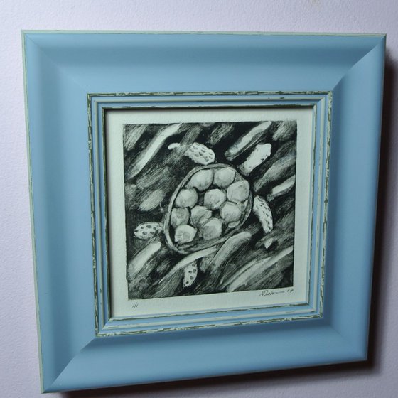Turtle Swimming Miniature, Print, Framed and Ready to Hang, Monoprint on Paper