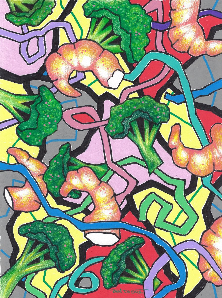 Abstract Painting By Ben De Soto, 9 X 12, Shrimp & Broccoli, Original Artwork