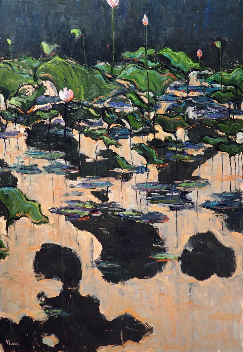 Impressionistic Landscape Oil Painting By Yuanyuan Liu, 28 X 39", Lotus Leaves, Original Artwork