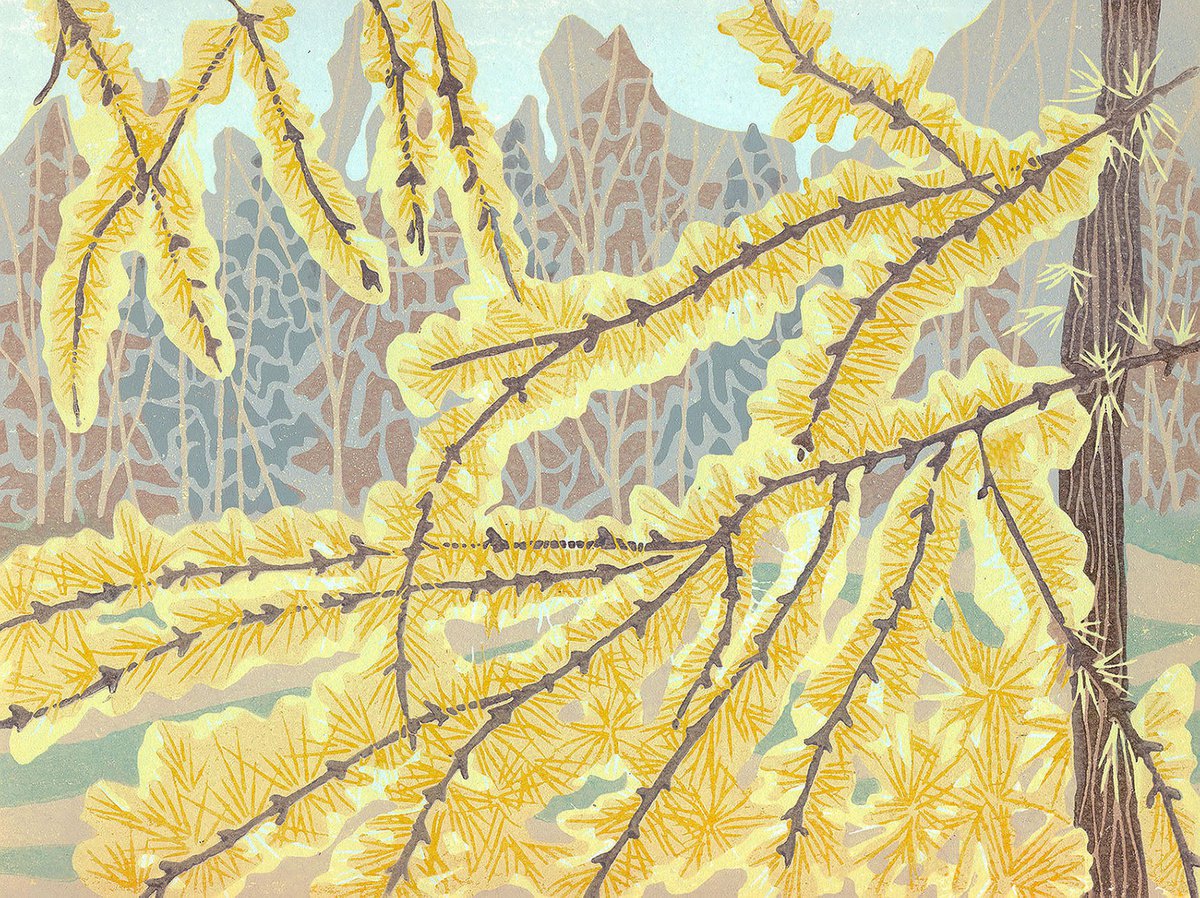 Illustrative Landscape Linocut By Kate Goetz, 14 X 11", In The Gold Of The Larches, Original Artwork