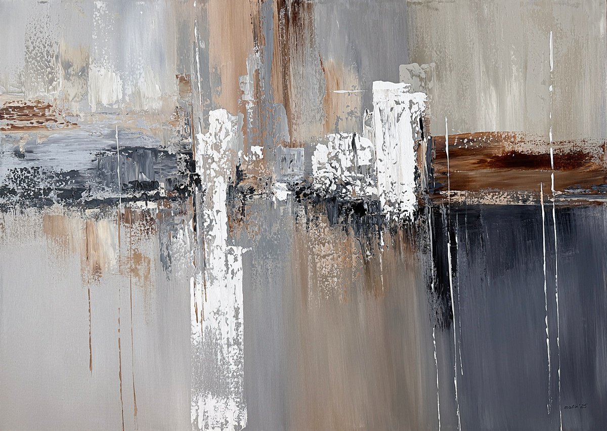 Abstract Acrylic Painting By Tatiana Malinovscaia, 39 X 28", Ivory Reflections, Original Artwork