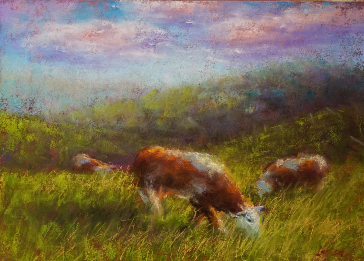 Cows pasturing | Original pastel painting by Larisa Carli