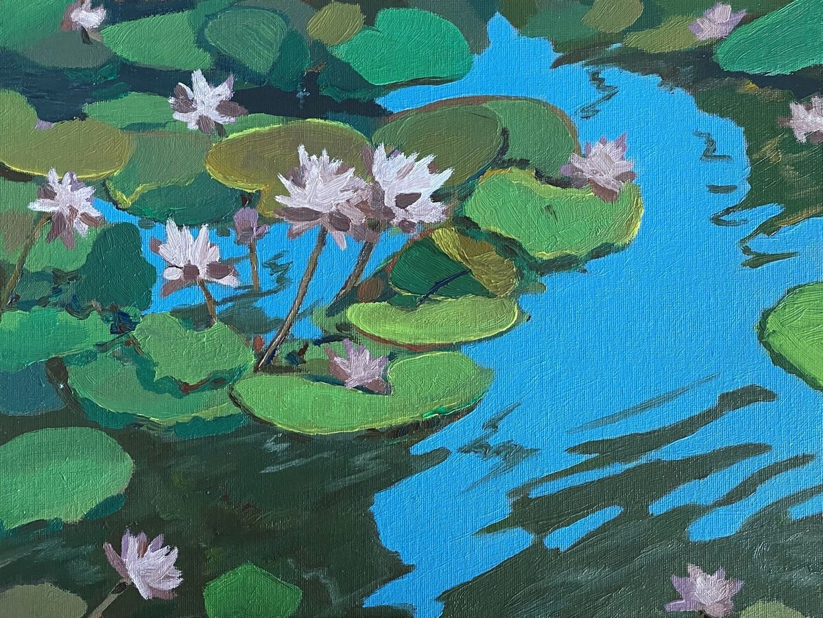 Impressionistic Landscape Oil Painting By Bohdan Vykhrenko, 16 X 12, Lotus Flowers, Original Artwork