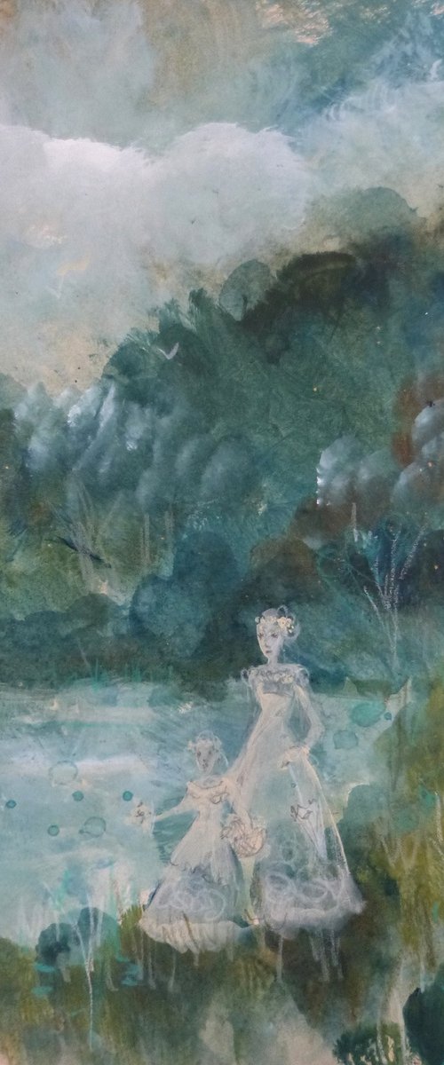 "A Sunday at the lake" on old paper 28x18cm by Loetitia Pillault