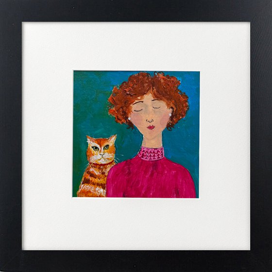 Girl red hair marmalade Cat