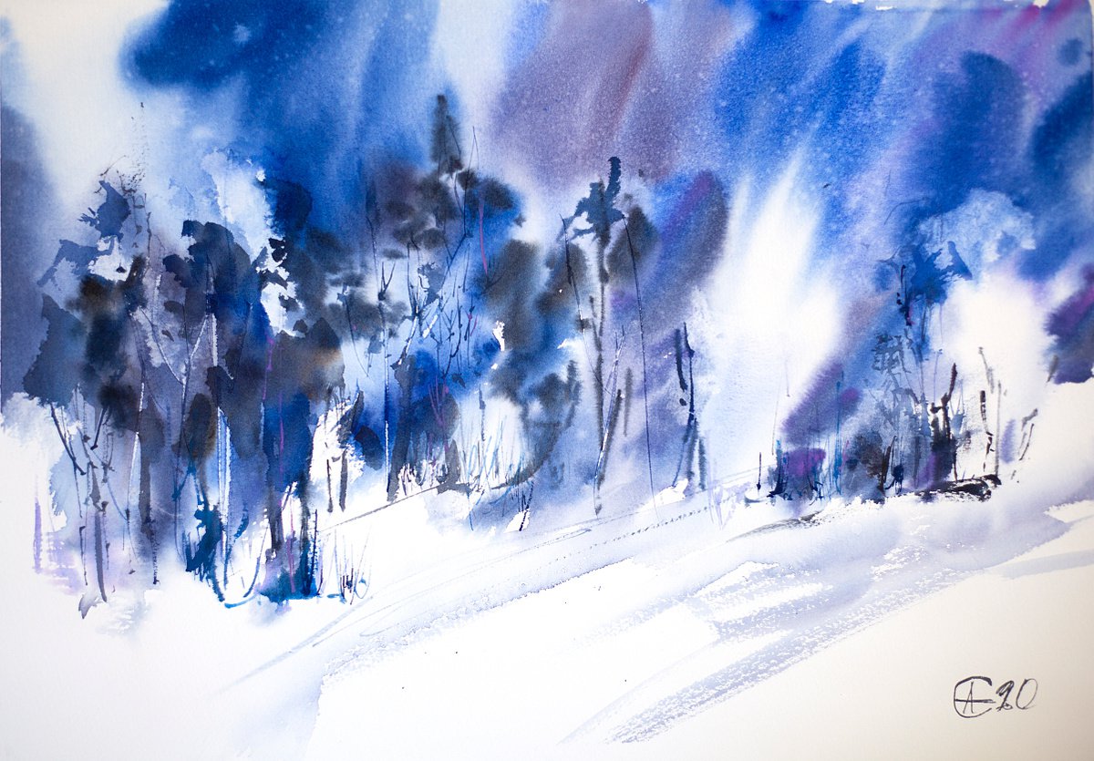 Winter forest. Blue. Abstract nature medium size original watercolor interior decor dark c... by Sasha Romm