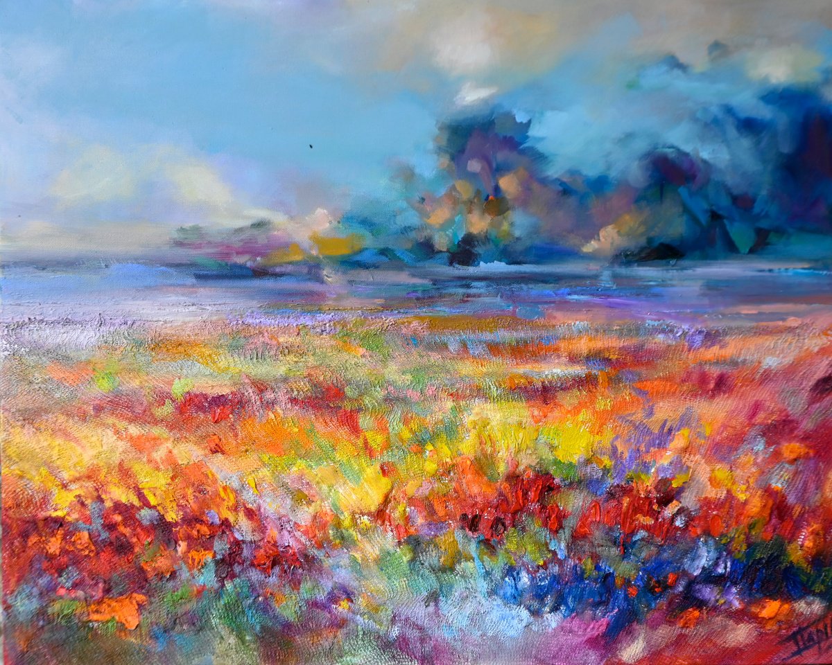 Abstract Botanical Oil Painting By Isabel Tapias, 31 X 26, When The Darkness Dissipates, Original Artwork