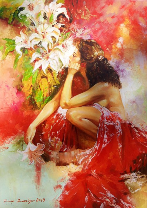 Lady in red (50x70cm, oil/canvas, ready to hang) by Tigran Araqelyan