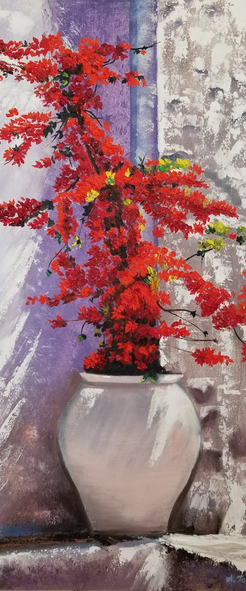 Red Flowers in a Vase. Bougainvillea. by Alexandra Tomorskaya/Caramel Art Gallery