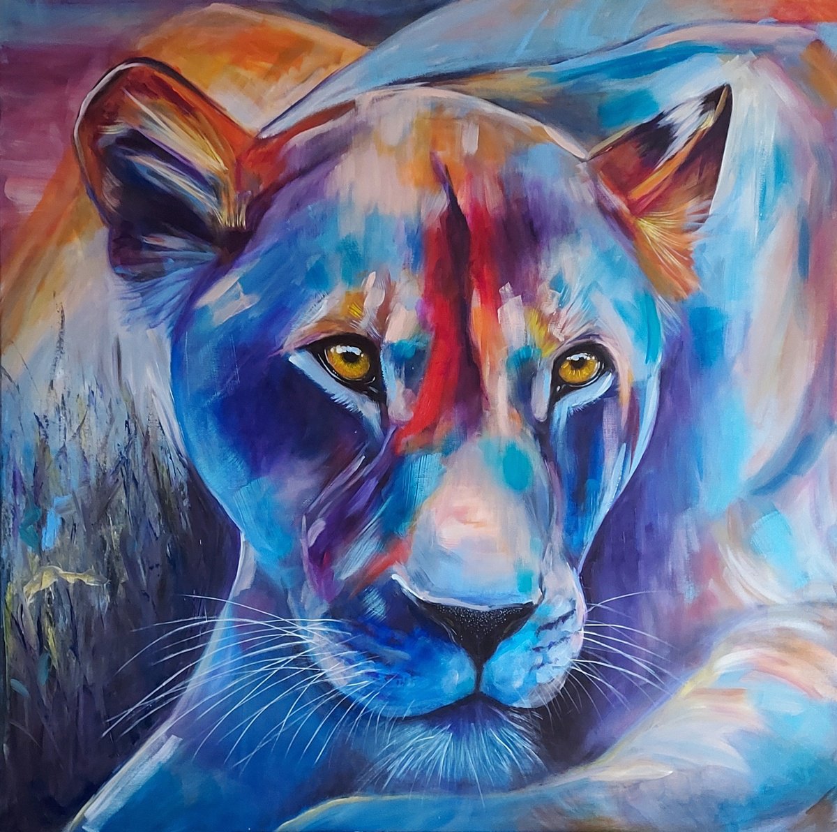 Expressive Animal Oil Painting By Danguole Serstinskaja, 39 X 39, Queen Of The Savannah Ii, Original Artwork