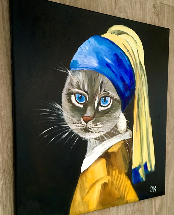 British blue Cat with the pearl earring #2 inspired by Vermeer painting feline art for cat lovers gift idea